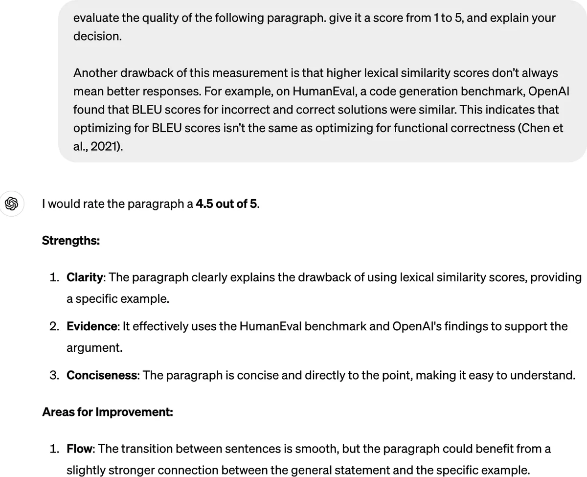 ChatGPT scoring a paragraph 4.5 out of 5 and explaining its strengths and weaknesses