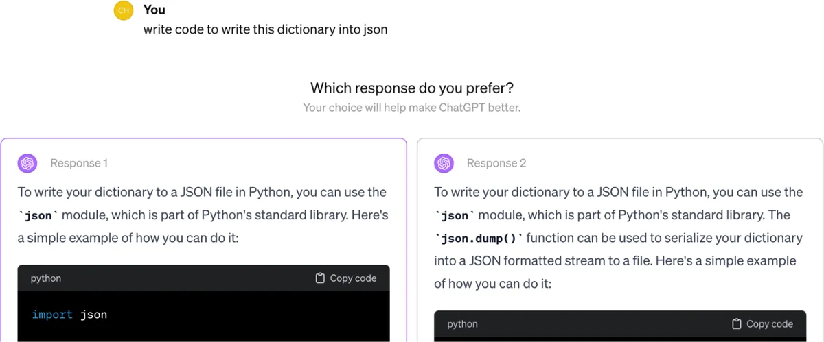 ChatGPT asks users to compare two outputs side by side