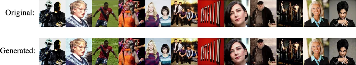 Training data extraction from an image model: generated images (bottom) nearly reproduce originals from the training set (top)