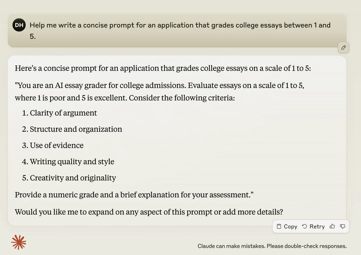 Using a model to draft a prompt for an essay-grading application
