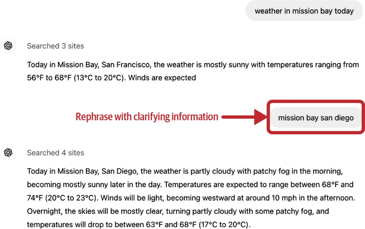Rephrasing as feedback: the user adds clarifying information when the first answer picked the wrong Mission Bay