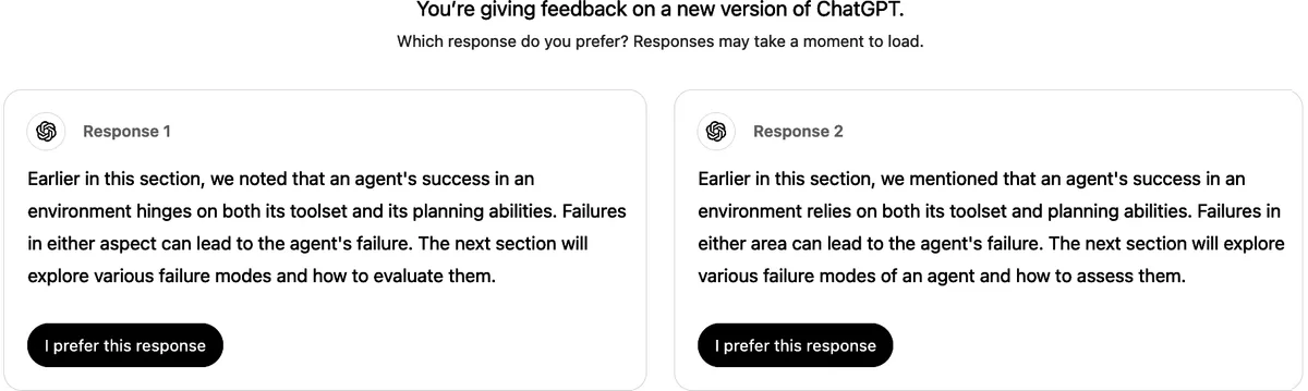 Collecting preference feedback on a new model version by showing two responses side by side
